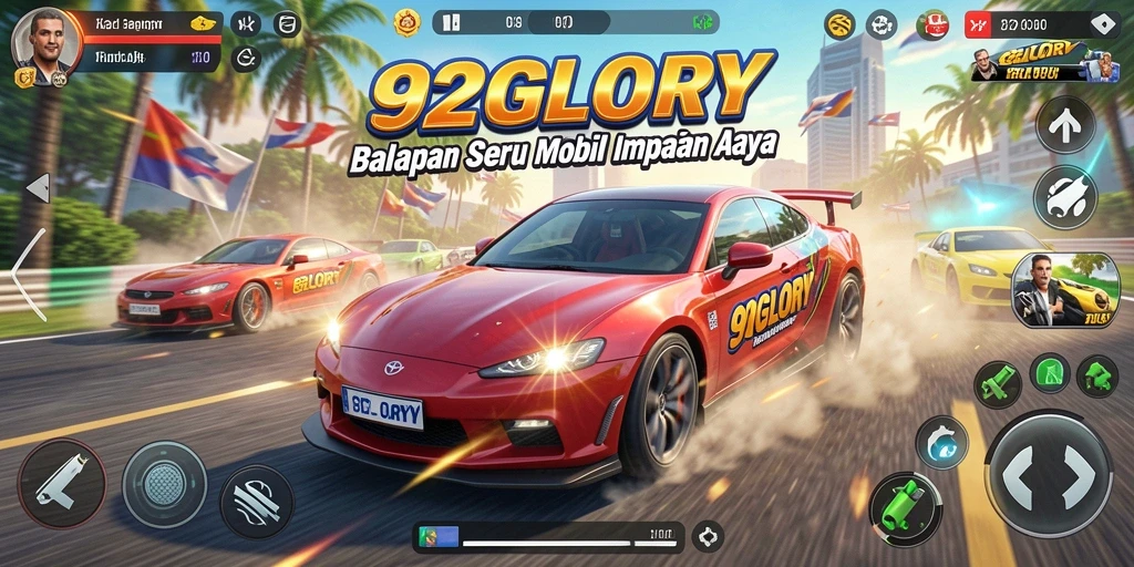 Tampilan gameplay balapan seru di 92GLORY dengan mobil-mobil kencang.
