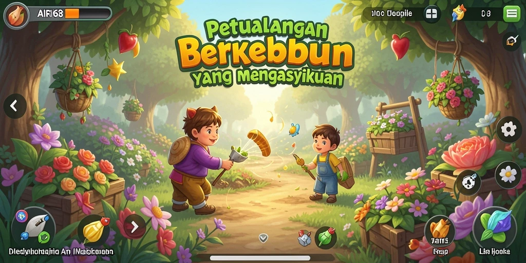 Screenshot gameplay AIR168 yang menampilkan kebun subur dan hewan ternak.