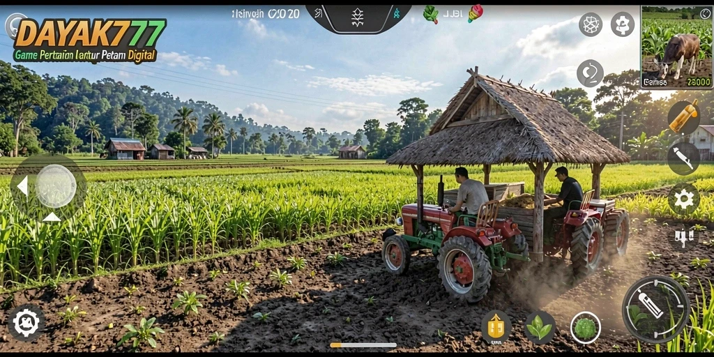 Tampilan gameplay DAYAK777 dengan pertanian yang indah dan aktivitas seru.