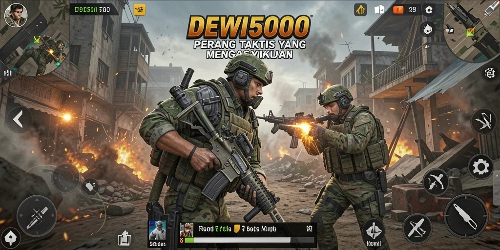 Tangkapan layar gameplay DEWI5000 menampilkan aksi perang yang intens.