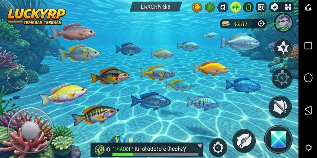 Screenshot gameplay LUCKYRP yang menunjukkan keseruan menembak ikan.