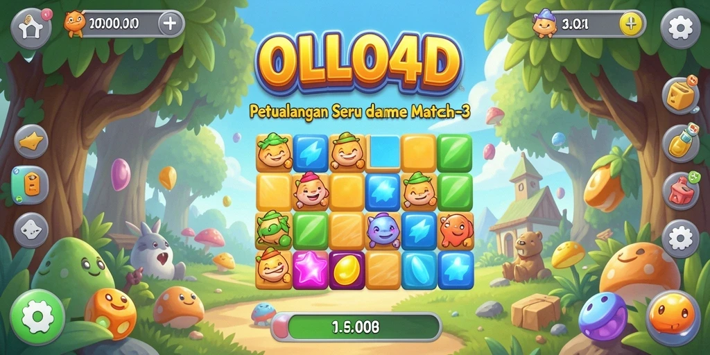 Tangkapan layar gameplay OLLO4D menampilkan kombinasi penuh warna dalam permainan Match-3.