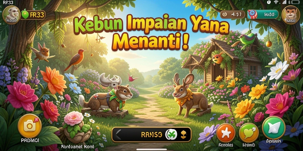 Tangkapan layar gameplay RR33 menampilkan kebun yang indah dan interaksi petani.
