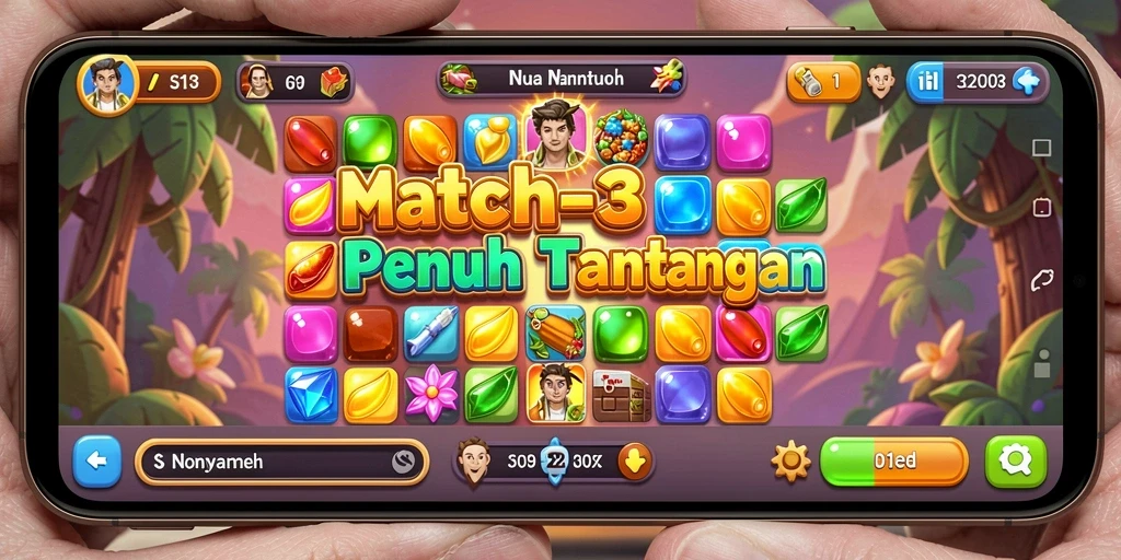 Tangkapan layar S13 menunjukkan gameplay Match-3 yang menarik dan penuh warna.