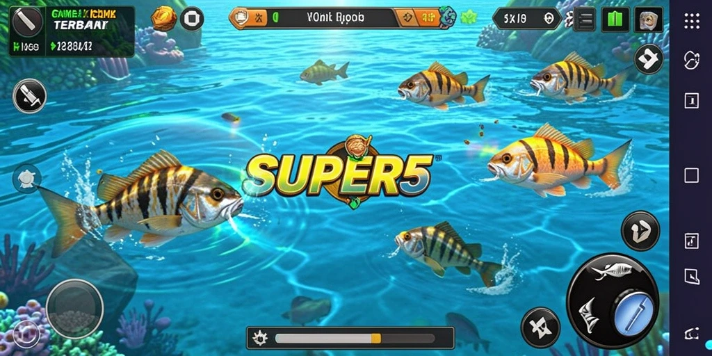 Screenshot gameplay SUPER5 menampilkan aksi menembak ikan yang seru.