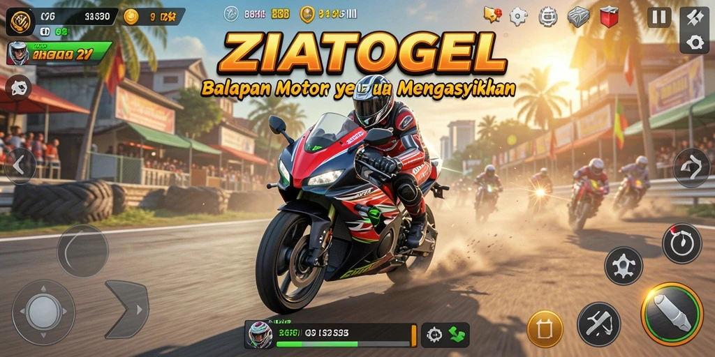 Tangkapan layar gameplay ZIATOGEL menampilkan aksi balapan motor yang seru.